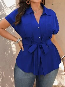 Vionelle 女款大尺碼優雅柔軟版型純色V領短袖襯衫，附綁帶腰帶與裝飾金屬鈕扣，休閒度假辦公風，皇家藍 - 藍色 - 查看 7