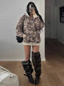Coolane 女款秋冬街頭風休閒復古返校日常穿搭外出圖案迷彩寬鬆長袖連帽衛衣 - 彩色 - 查看 3