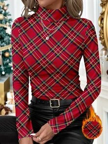 SHEIN Clasi 女款格紋高領長袖修身休閒T恤 - 彩色 - 查看 2