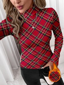 SHEIN Clasi 女款格紋高領長袖修身休閒T恤 - 彩色 - 查看 3