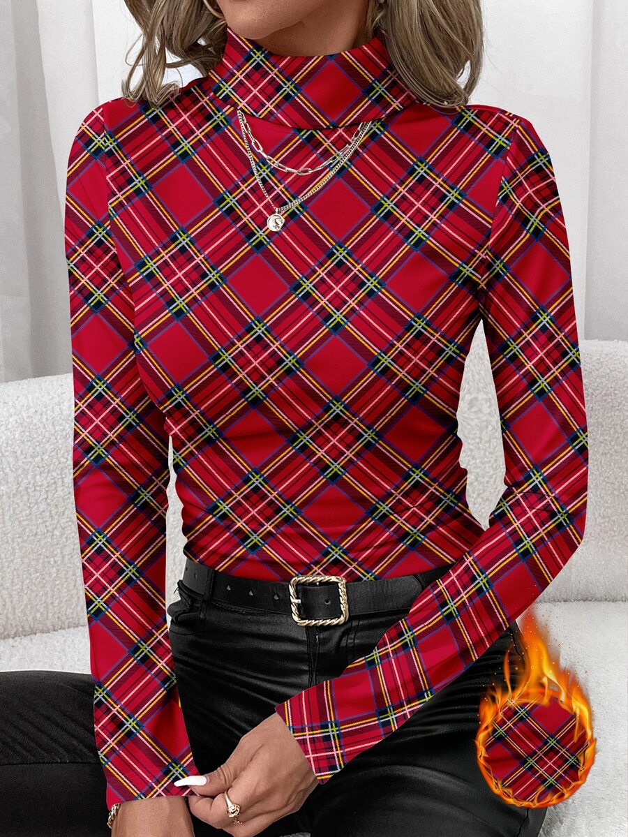 SHEIN Clasi 女款格紋高領長袖修身休閒T恤 - 彩色 - 查看 1