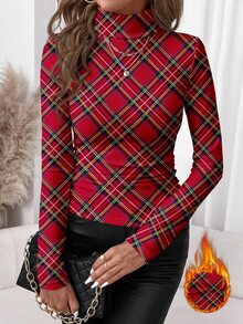 SHEIN Clasi 女款格紋高領長袖修身休閒T恤 - 彩色 - 查看 4
