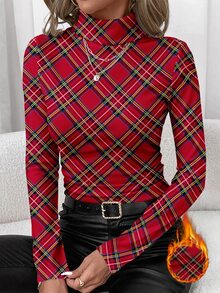SHEIN Clasi 女款格紋高領長袖修身休閒T恤 - 彩色 - 查看 7