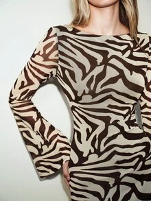 Aveloria Modichic Women's Dress Slim Long Textured Mesh All-Over Zebra Print Flare Cuffs Modern Black Beige Elegant Sexy New Year Cocktail Going Out Fall - Multicolor - View 5