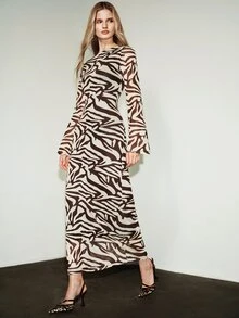 Aveloria Modichic Women's Dress Slim Long Textured Mesh All-Over Zebra Print Flare Cuffs Modern Black Beige Elegant Sexy New Year Cocktail Going Out Fall - Multicolor - View 7