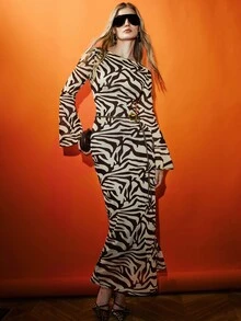 Aveloria Modichic Women's Dress Slim Long Textured Mesh All-Over Zebra Print Flare Cuffs Modern Black Beige Elegant Sexy New Year Cocktail Going Out Fall - Multicolor - View 4