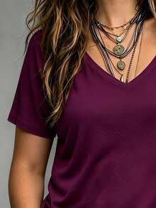 Linhara CURVE Plus Size Women's Solid Color V-Neck Short Sleeve Casual Versatile T-Shirt - Purple - View 4