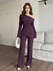 Feyla 2pcs Women's Elegant 3D Floral Oblique Shoulder Flare Sleeve Top And Pants Set, Autumn - Purple - View 2