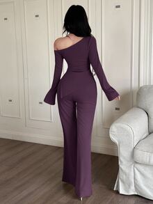 Feyla 2pcs Women's Elegant 3D Floral Oblique Shoulder Flare Sleeve Top And Pants Set, Autumn - Purple - View 3