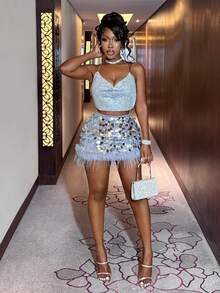 SHEIN BamGlam Women's Sequin Fashion Versatile Daily Casual Mini Skirt - Silver - View 6