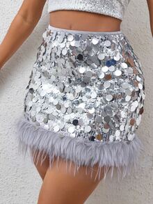 SHEIN BamGlam Women's Sequin Fashion Versatile Daily Casual Mini Skirt - Silver - View 2