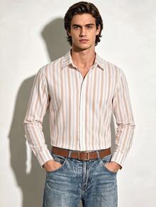 Manfinity Dauomo Men's Striped Contrast Color Button Long Sleeve Shirt - Khaki - View 4