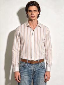 Manfinity Dauomo Men's Striped Contrast Color Button Long Sleeve Shirt - Khaki - View 3