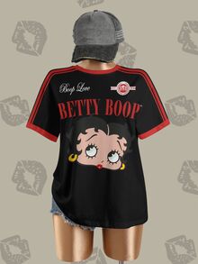 Betty Boop x SHEIN 女款夏季休閒街頭風 Y2K 卡通字母印花 T 恤，日常外出穿著，黑紅配色 - 白色 - 查看 4