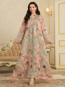 Al Najma Spring/Summer Ruffle Trim Sequins Stand Collar Flare Sleeve Arabic Style Long Jalabiya Dress, Arabian Dresses,Modest - Multicolor - View 5