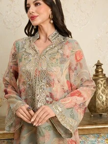 Al Najma Spring/Summer Ruffle Trim Sequins Stand Collar Flare Sleeve Arabic Style Long Jalabiya Dress, Arabian Dresses,Modest - Multicolor - View 8