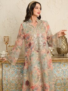 Al Najma Spring/Summer Ruffle Trim Sequins Stand Collar Flare Sleeve Arabic Style Long Jalabiya Dress, Arabian Dresses,Modest - Multicolor - View 6