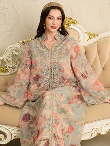 Al Najma Spring/Summer Ruffle Trim Sequins Stand Collar Flare Sleeve Arabic Style Long Jalabiya Dress, Arabian Dresses,Modest - Multicolor - View 3