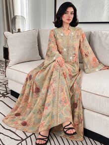 Al Najma Spring/Summer Ruffle Trim Sequins Stand Collar Flare Sleeve Arabic Style Long Jalabiya Dress, Arabian Dresses,Modest - Multicolor - View 1