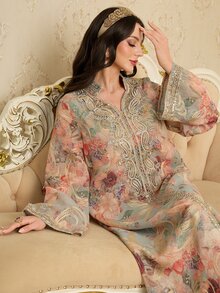 Al Najma Spring/Summer Ruffle Trim Sequins Stand Collar Flare Sleeve Arabic Style Long Jalabiya Dress, Arabian Dresses,Modest - Multicolor - View 7