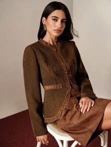 BELROSIE Women's Fall/ Brown Checkered Round Neck Lace Trim Waist-Cinching Blazer Thanksgiving Dinner Office Retro Elegant - Brown - View 6