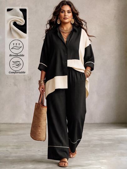 Linhara CURVE Setelan 2 Potong Wanita Ukuran Plus untuk Musim Gugur, Warna Hitam Blok, Terdiri dari Kemeja Lengan 3/4 Kancing Tunggal dan Celana Panjang Lebar, Gaya Kasual Boho. Cocok untuk Makan Siang Musim Gugur, Liburan, dan Perjalanan.