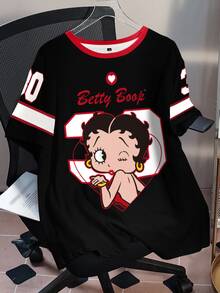 Betty Boop x SHEIN Plus Size Women's Round Neck Cartoon Letter Print Casual Versatile Daily Wear Short Sleeve T-Shirt - White - View 4