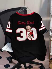 Betty Boop x SHEIN Plus Size Women's Round Neck Cartoon Letter Print Casual Versatile Daily Wear Short Sleeve T-Shirt - White - View 2