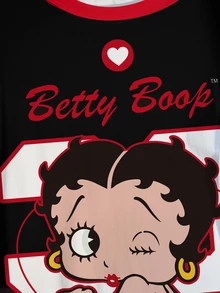 Betty Boop x SHEIN Plus Size Women's Round Neck Cartoon Letter Print Casual Versatile Daily Wear Short Sleeve T-Shirt - White - View 6