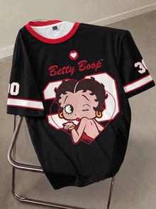Betty Boop x SHEIN Plus Size Women's Round Neck Cartoon Letter Print Casual Versatile Daily Wear Short Sleeve T-Shirt - White - View 3