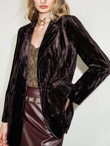 Aveloria Modichic 女款寬鬆休閒優雅長版亮面天鵝絨西裝外套，單排扣翻領、百褶口袋、開衩設計，現代風，2026秋冬款 - 咖啡棕 - 查看 4