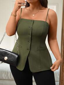 Vionelle Women's Spring/Summer French Style Elegant Commute Afternoon Tea Party Formal Workwear Front Buttons Split Hem Camisole Top Olive Green - Army Green - View 3