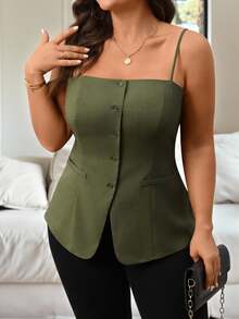 Vionelle Women's Spring/Summer French Style Elegant Commute Afternoon Tea Party Formal Workwear Front Buttons Split Hem Camisole Top Olive Green - Army Green - View 8