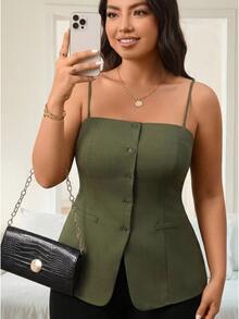 Vionelle Women's Spring/Summer French Style Elegant Commute Afternoon Tea Party Formal Workwear Front Buttons Split Hem Camisole Top Olive Green - Army Green - View 1