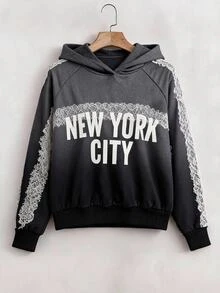 SHEIN LUNE 女款秋季灰色拼色 NYC 印花蕾絲飾邊寬鬆 Y2K 圖案運動衫 - 黑色 - 查看 1