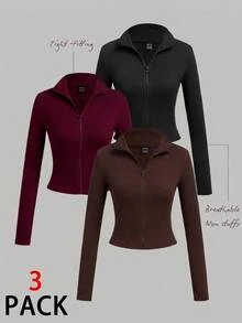 Tseoso Women's Solid Zip-Front Long-Sleeve Casual T-Shirt (3-Pack) Durable Basic Style, All-Match And Suitable For Everyone, Street Fashion Wear, Coffee Shop - Multicolor - View 1