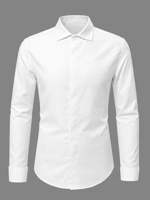 Manfinity Bizformal 男士長袖襯衫，翻領設計，雙層袖口，適合日常通勤、休閒穿著及其他場合 - 白色 - 查看 7