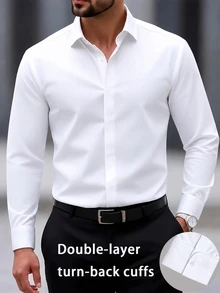 Manfinity Bizformal 男士長袖襯衫，翻領設計，雙層袖口，適合日常通勤、休閒穿著及其他場合 - 白色 - 查看 3