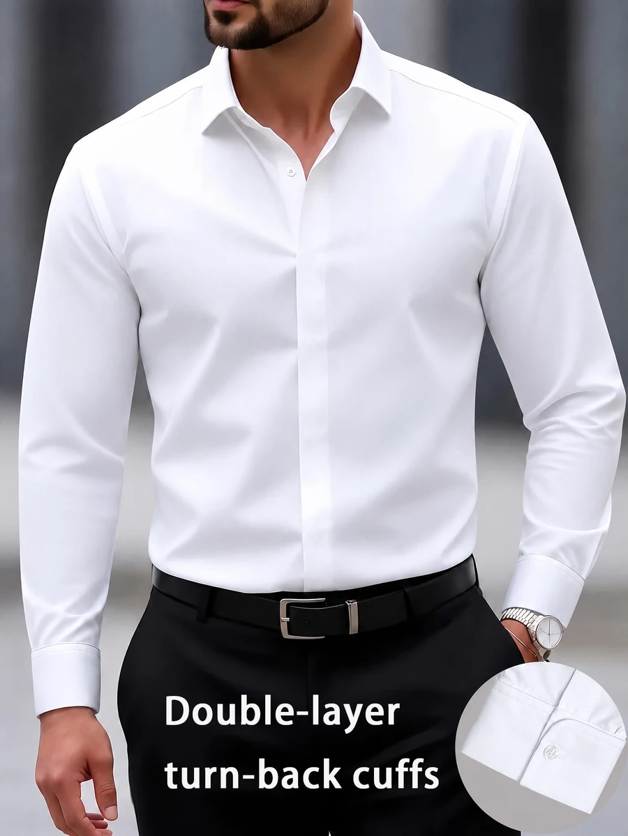 Manfinity Bizformal Men's Long Sleeve Shirt With Turn-Down Collar, Double-Layered Cuffs, Suitable For Daily Commute, Casual Wear And Other Occasions - White - View 1
