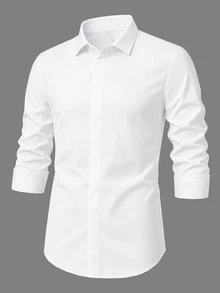 Manfinity Bizformal 男士長袖襯衫，翻領設計，雙層袖口，適合日常通勤、休閒穿著及其他場合 - 白色 - 查看 4