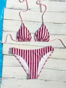 Swim Vcay 女款夏季新款拼色粉色性感熱帶風掛脖三角比基尼套裝，適合海灘派對 - 粉色 - 查看 4