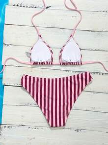 Swim Vcay 女款夏季新款拼色粉色性感熱帶風掛脖三角比基尼套裝，適合海灘派對 - 粉色 - 查看 3
