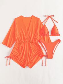 Swim Vcay Summer Beach Plain Halter Triangle Bikini Set With Cover Up - Orange - View 6