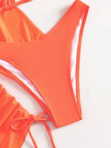 Swim Vcay Summer Beach Plain Halter Triangle Bikini Set With Cover Up - Orange - View 5