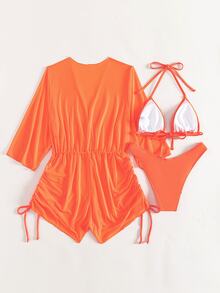 Swim Vcay Summer Beach Plain Halter Triangle Bikini Set With Cover Up - Orange - View 3