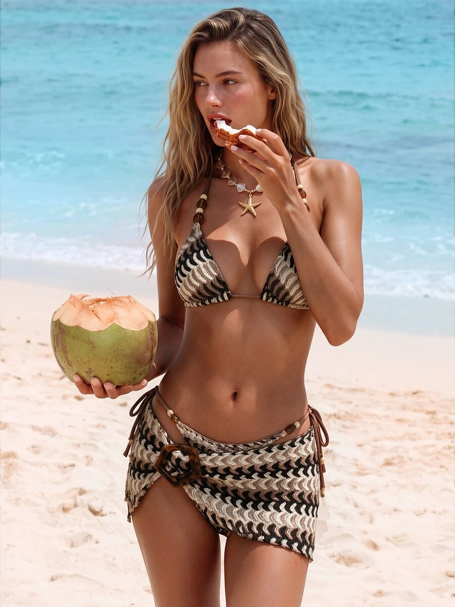 Swim Vcay Women's New Textured Fabric Sexy Beaded Bikini Set, Beach/Pool Vacation Wear For Summer - Brown - View 1