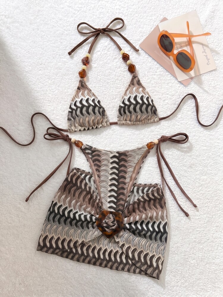 Swim Vcay Set Bikini Wanita Terbaru dengan Tekstur Kain Seksi dan Hiasan Manik-Manik, Pakaian Liburan Pantai/Kolam Renang untuk Musim Panas - Coklat - View 5