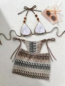 Swim Vcay Women's New Textured Fabric Sexy Beaded Bikini Set, Beach/Pool Vacation Wear For Summer - Brown - View 4