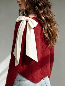 SHEIN Autumn/Winter New French Elegant Style Folded Collar With 3D Ribbon Bow, Asymmetrical Hem Loose Fit Slimming Long Sleeve Sweater - Grey - View 5