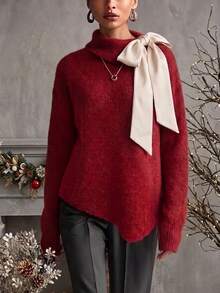 SHEIN Autumn/Winter New French Elegant Style Folded Collar With 3D Ribbon Bow, Asymmetrical Hem Loose Fit Slimming Long Sleeve Sweater - Grey - View 2